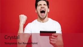  Presentation with young man on the phone - Cool new presentation with wow - portrait of a cheerful young backdrop and a crimson colored foreground