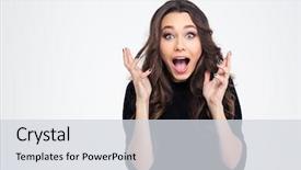  Presentation with camera - Slide set having wow - portrait of amazed woman looking background and a light gray colored foreground