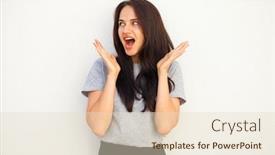  Presentation with wow - Cool new slides with wow portrait of a young beautiful brunette woman isolated on white background backdrop and a lemonade colored foreground