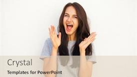  Presentation with wow - Colorful slide deck enhanced with wow portrait of a young beautiful brunette woman isolated on white background backdrop and a lemonade colored foreground