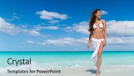  Presentation with water sun - Colorful slide deck enhanced with wrap up - beach woman in fashion beachwear backdrop and a light blue colored foreground