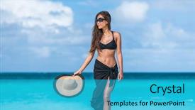 Presentation with summer sun - Colorful presentation enhanced with wrap up - elegant beach woman in bikini backdrop and a cyan colored foreground