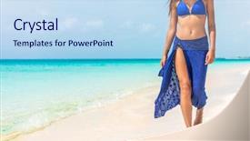  Presentation with luxury fashion - PPT theme featuring wrap up - woman walking on beach background and a sky blue colored foreground