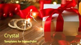  Presentation with christmas red - Audience pleasing presentation consisting of wrapped gift box baubles candle backdrop and a tawny brown colored foreground