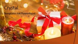  Presentation with wooden lighting - Beautiful slide deck featuring wrapped gift box baubles candle backdrop and a gold colored foreground