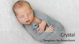 Presentation with diaper - PPT layouts enhanced with wrapped in gray diaper sleeping baby with opened mouth holding little toy background and a light gray colored foreground