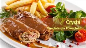  Presentation with french fries - PPT theme featuring wrapped pork chops with french fries background and a red colored foreground