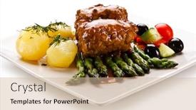  Presentation with asparagus - Cool new theme with wrapped pork chops with potatoes and asparagus on white background backdrop and a soft green colored foreground