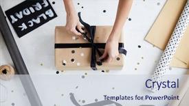  Presentation with gift ribbon - Presentation having wrapping paper and confetti direct background and a sky blue colored foreground