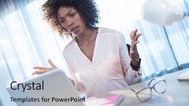  Presentation with computer configuration - Slide deck featuring wrath - businesswoman who gets angry background and a light blue colored foreground