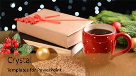  Presentation with reading table - Beautiful PPT theme featuring wreath reading - composition of book with cup backdrop and a  colored foreground