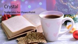  Presentation with coffee cup diary - Slide set with beef tenderloin with fried chanterelles lying on a plate background and a mint green colored foreground