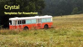  Presentation with eco bus - Slide set consisting of wrecker truck - abandonned bus at the edge background and a wine colored foreground