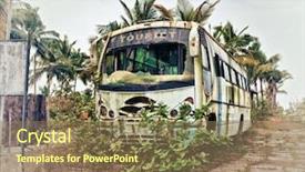  Presentation with old fashioned photo album - PPT theme having wrecker truck - old bus abandoned and rusty background and a coral colored foreground