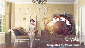  Presentation with view concept of creative logic - Colorful presentation design enhanced with wrecking ball enters the room backdrop and a violet colored foreground