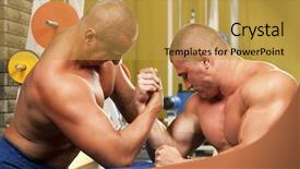  Presentation with measuring - Cool new presentation theme with wresling - couple of muscular men measuring backdrop and a yellow colored foreground