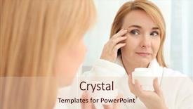  Presentation with anti aging - Presentation consisting of happy senior woman applying anti background and a  colored foreground