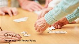  Presentation with brain puzzle - Audience pleasing slide deck consisting of wrinkled-hands-of-seniors-playing backdrop and a coral colored foreground