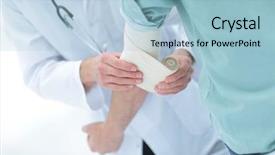  Presentation with asian doctor obese patient - Colorful theme enhanced with wrist hand surgery - doctor applying elastic bandage backdrop and a light blue colored foreground