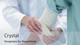  Presentation with wrist hand surgery - Colorful PPT layouts enhanced with wrist hand surgery - doctor applying elastic bandage backdrop and a sky blue colored foreground