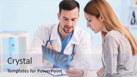  Presentation with patient and doctor - Slides with wrist hand surgery - doctor showing x-ray photo background and a light blue colored foreground