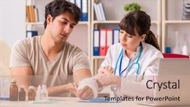  Presentation with doctor visiting family - Presentation enhanced with wrist hand surgery - young man with bandaged arm background and a coral colored foreground