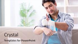  Presentation with young college student diagnosis of sti - Cool new slide deck with wrist hand surgery - young student man with injury backdrop and a soft green colored foreground