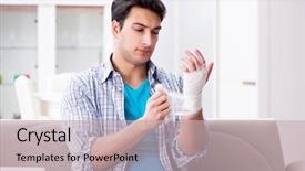  Presentation with young college student diagnosis of sti - Beautiful theme featuring wrist hand surgery - young student man with injury backdrop and a soft green colored foreground