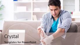  Presentation with injury - Colorful slide deck enhanced with wrist hand surgery - young student man with injury backdrop and a mint green colored foreground