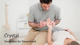  Presentation with medical - Theme with wrist joint - brunette woman lying background and a mint green colored foreground