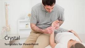  Presentation with medical amputation hand amputated - Colorful presentation design enhanced with wrist pain - serious physiotherapist holding the hand backdrop and a  colored foreground