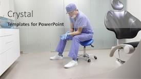  Presentation with dental office - Colorful presentation theme enhanced with wrist pain in the dental practice middle age dentist having short break for regeneration after long working hours sitting on mobile dental saddle in his office backdrop and a light gray colored foreground