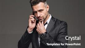  Presentation with photo - Presentation design featuring wrist watch - photo of bearded mature man background and a dark gray colored foreground