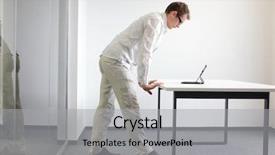  Presentation with office ergonomics man worker exercising - Presentation with wrists exercise during office work - background and a gray colored foreground