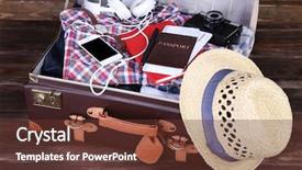  Presentation with suitcase - Beautiful slide deck featuring write stuff - packed suitcase of vacation items backdrop and a tawny brown colored foreground