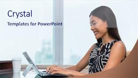  Presentation with remote working - Beautiful slide deck featuring writer career - asian business woman typing backdrop and a sky blue colored foreground