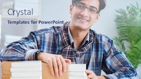  Presentation with public - Presentation design with writer-presenting-his-books background and a sky blue colored foreground