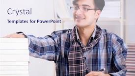  Presentation with public - Cool new presentation theme with writer-presenting-his-books backdrop and a sky blue colored foreground