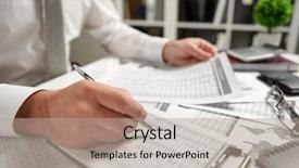  Presentation with finance - Colorful presentation design enhanced with finance reads and writes report backdrop and a  colored foreground