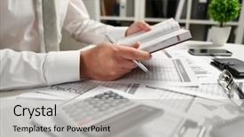  Presentation with finance - PPT theme having finance reads and writes report background and a light gray colored foreground