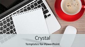  Presentation with coffee cup - Amazing slide deck having writing - blank notepad over laptop backdrop and a light gray colored foreground