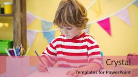  Presentation with old paper pen rolls - Slide set having writing - boy using a pencil background and a coral colored foreground