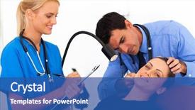  Presentation with ear - Slide set featuring medical writing - doctor examining woman's ear background and a  colored foreground