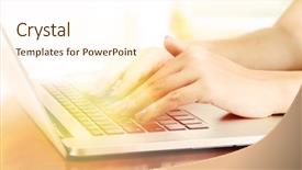  Presentation with laptop - PPT theme consisting of female hands on laptop close background and a cream colored foreground