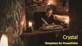  Presentation with manuscript - Colorful slides enhanced with writing - monk chronicler writes an ancient backdrop and a wine colored foreground