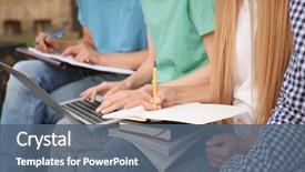  Presentation with students - Slide deck having writing - students studying outdoors closeup background and a ocean colored foreground