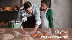  Presentation with man and woman - Cool new slides with writing a recipe of bread backdrop and a coral colored foreground