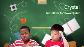  Presentation with green chalkboard - PPT layouts featuring writing at desk in classroom background and a ocean colored foreground