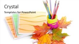 Presentation with coloured - Slides enhanced with writing-books multi-coloured pencils in a cup and autumn leaves on a white background concept for back to school background and a white colored foreground