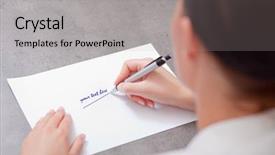  Presentation with old paper pen rolls - Amazing slides having writing business-woman with copy backdrop and a light gray colored foreground